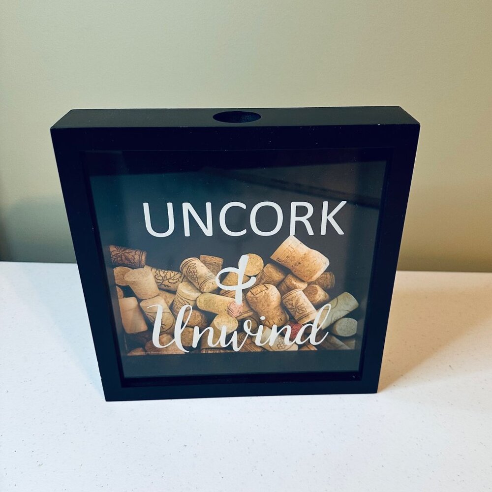 Cork Shadow Box "Uncork & Unwind" Decorative Display Wine Lovers Valentines Day - Picture 1 of 9